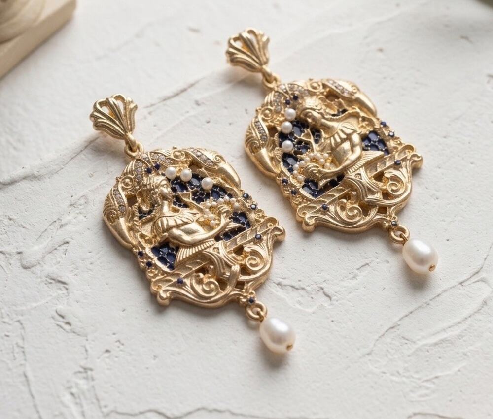 Statue Museum Earrings Greek Flower Palace Gold VTG Antique CZ Art Pearl Boho